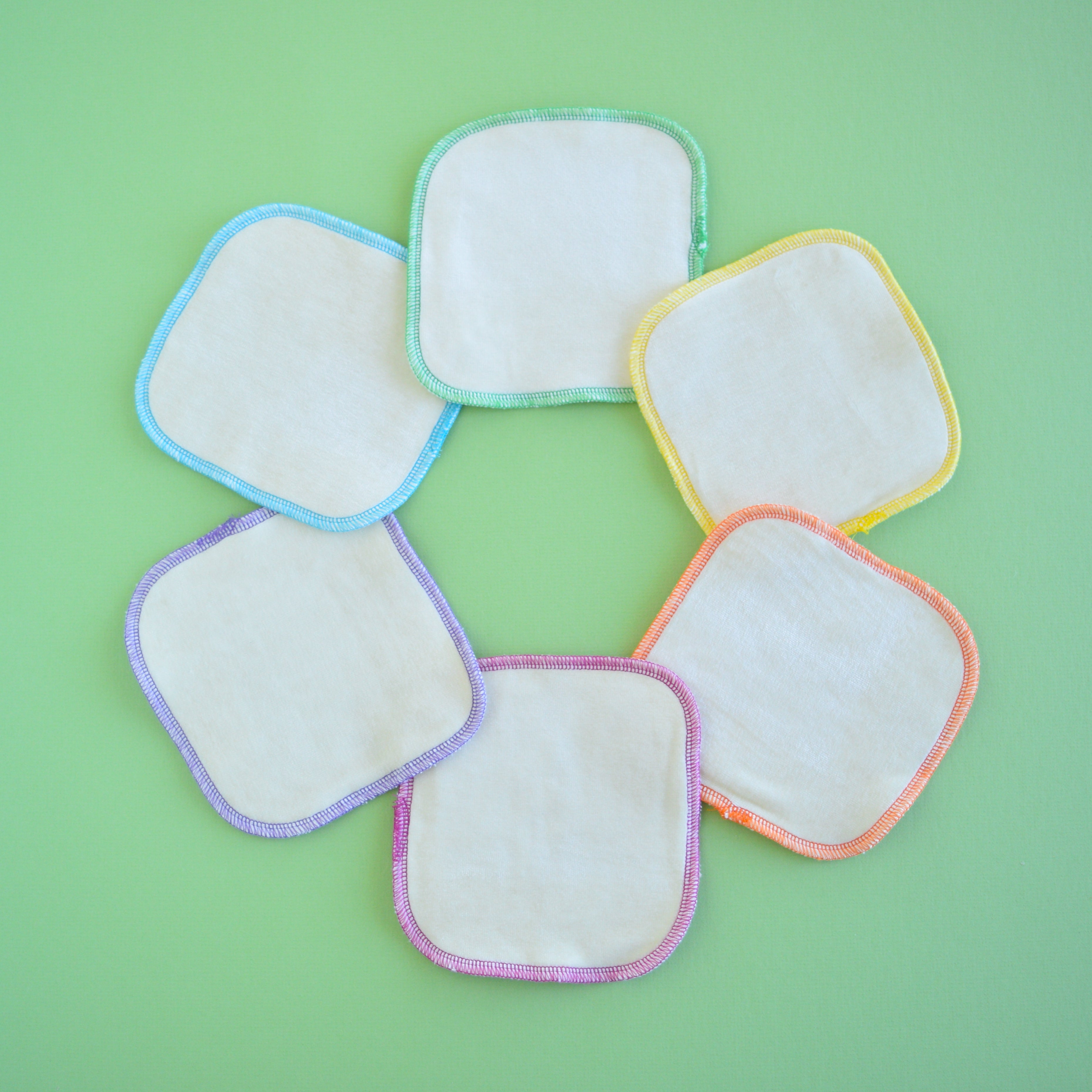 Natural with Spring Rainbow Serging | 6-pack Reusable Cloth Wipes | Organic Cotton/Bamboo Blend