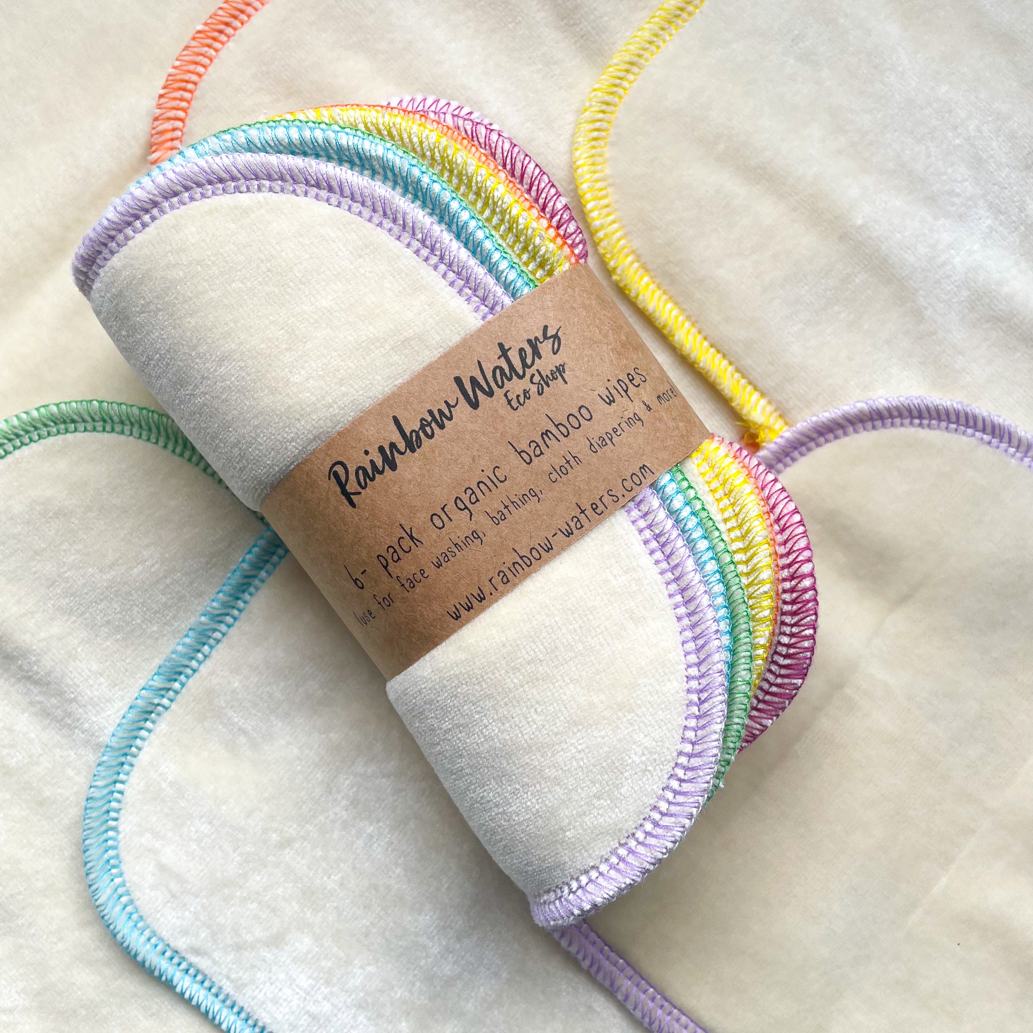 Natural with Spring Rainbow Serging | 6-pack Reusable Cloth Wipes | Organic Cotton/Bamboo Blend