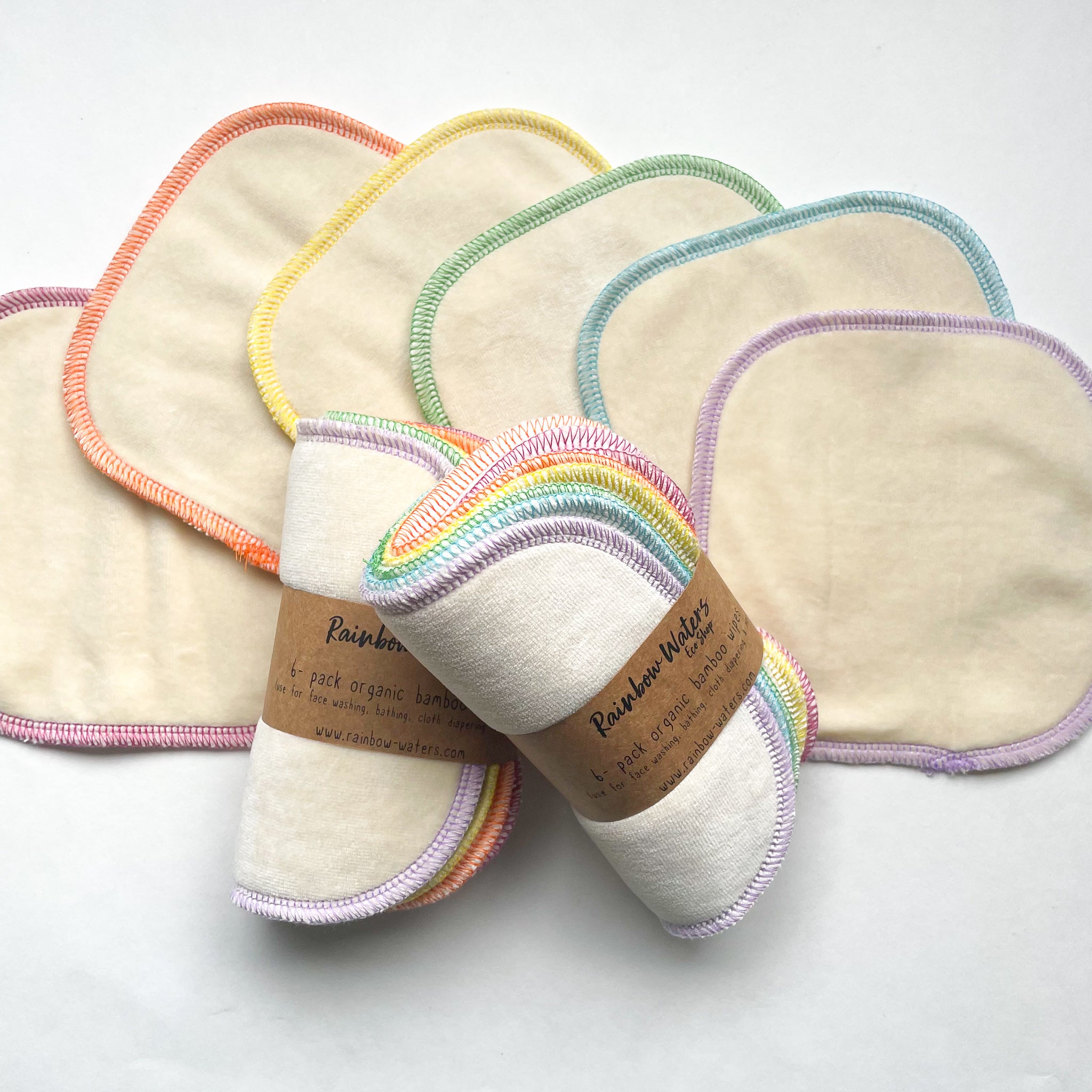 Natural with Spring Rainbow Serging | 6-pack Reusable Cloth Wipes | Organic Cotton/Bamboo Blend