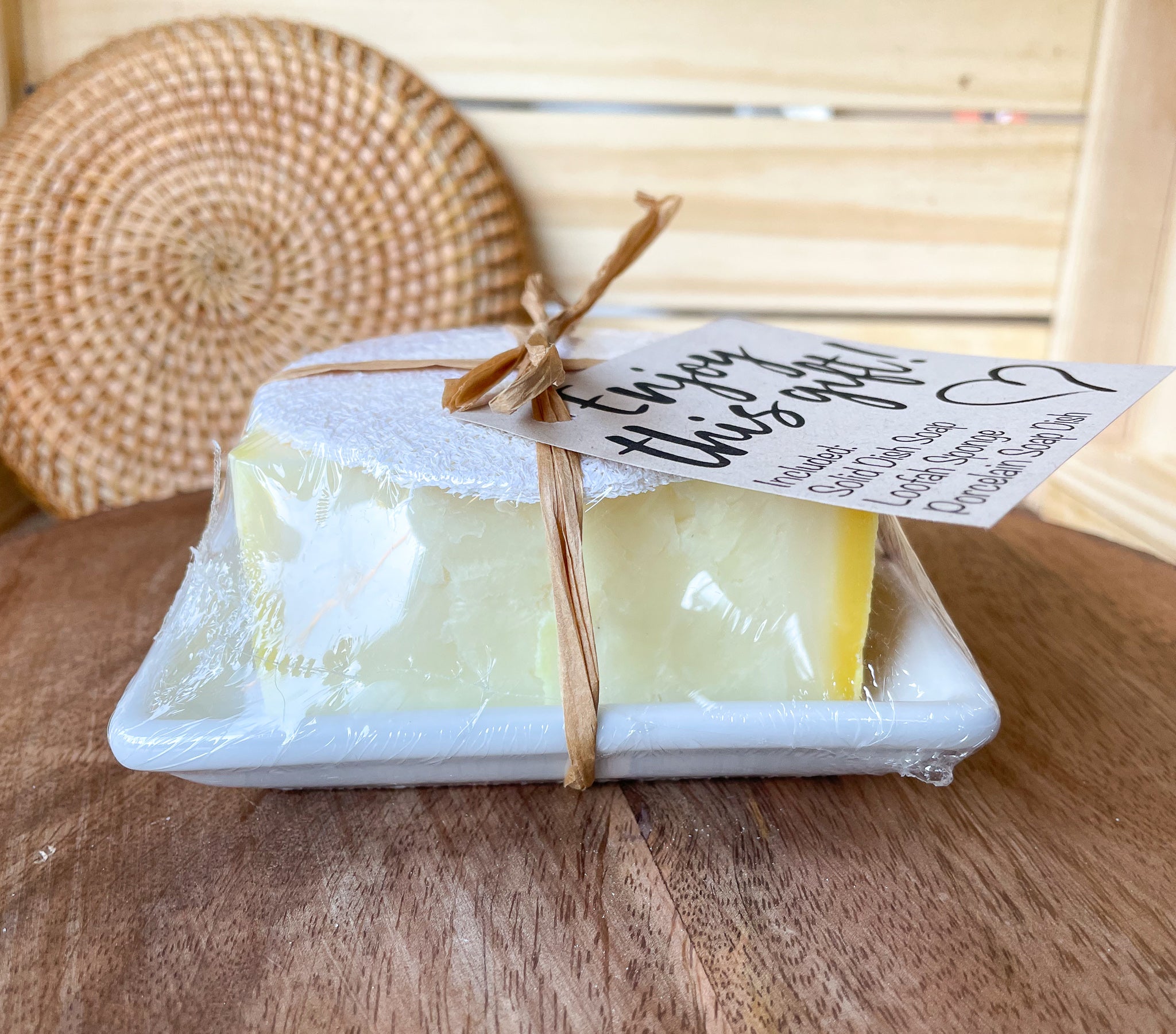 Dish Soap Gift set, includes dish soap, loofah sponge and a porcelain soap dish