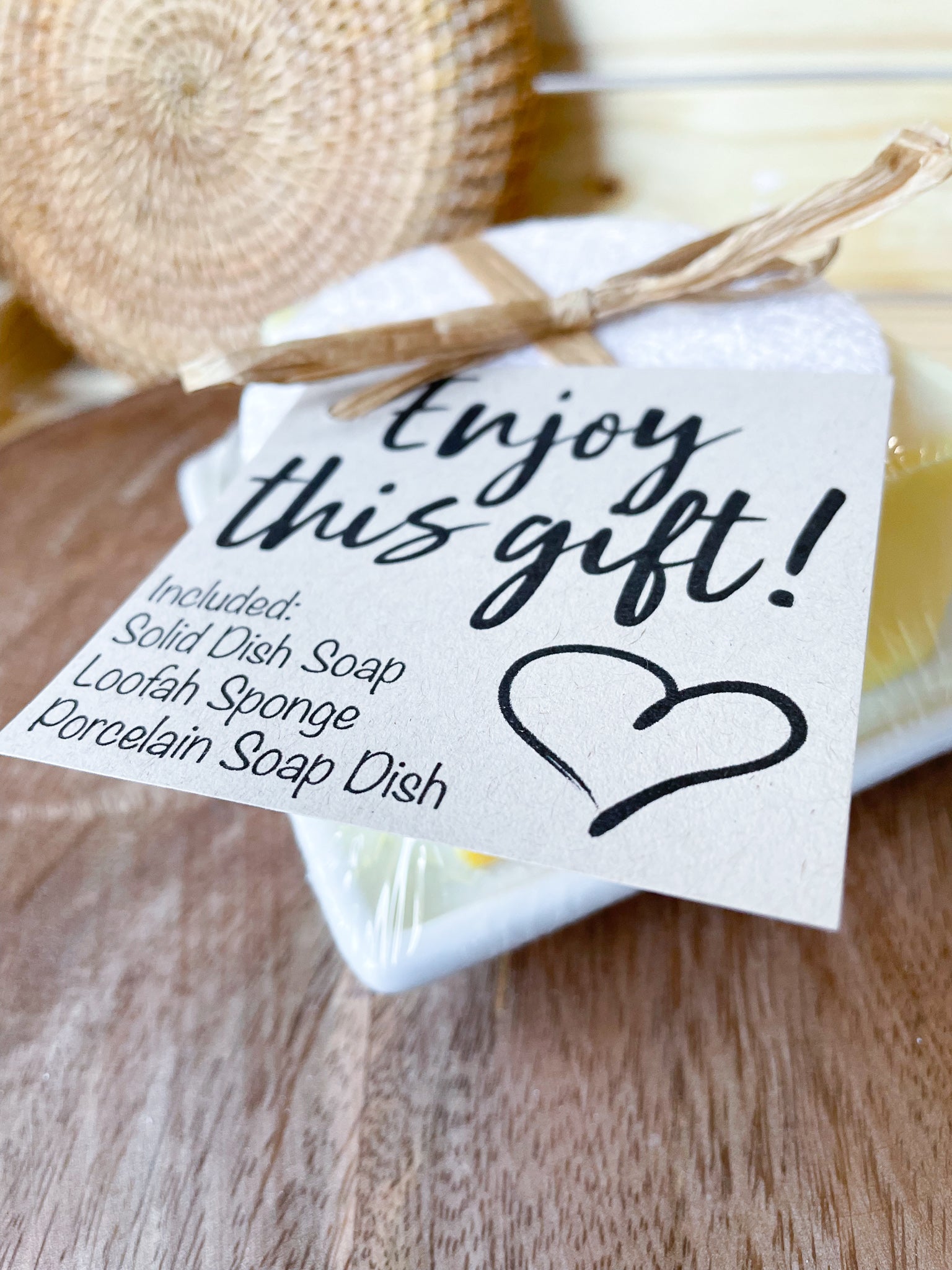 Dish Soap Gift set, includes dish soap, loofah sponge and a porcelain soap dish