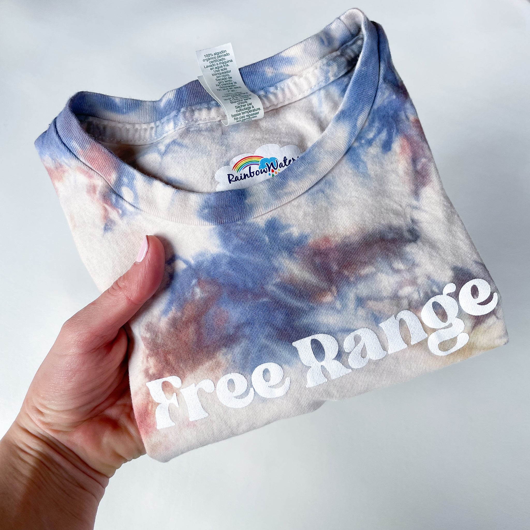Blue Rust Tie Dye, Free Range, screen printed Organic Cotton Tee