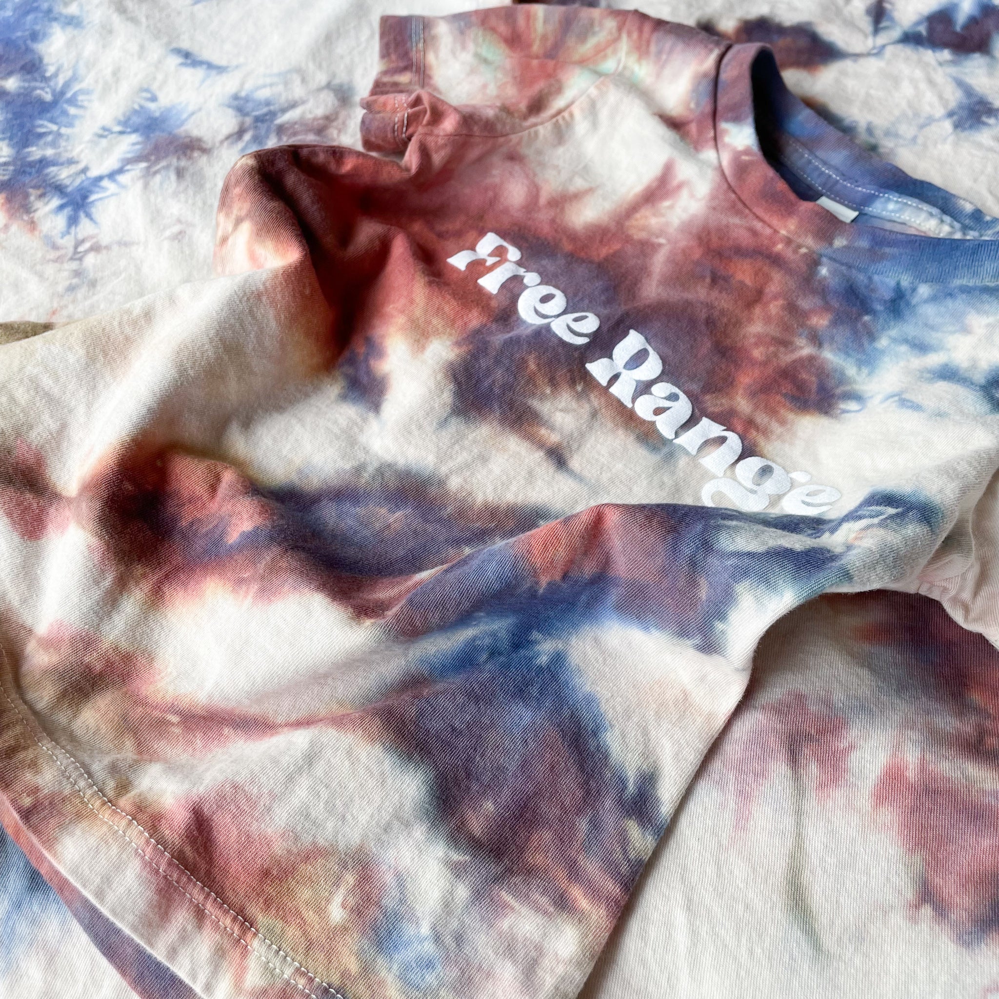 Blue Rust Tie Dye, Free Range, screen printed Organic Cotton Tee