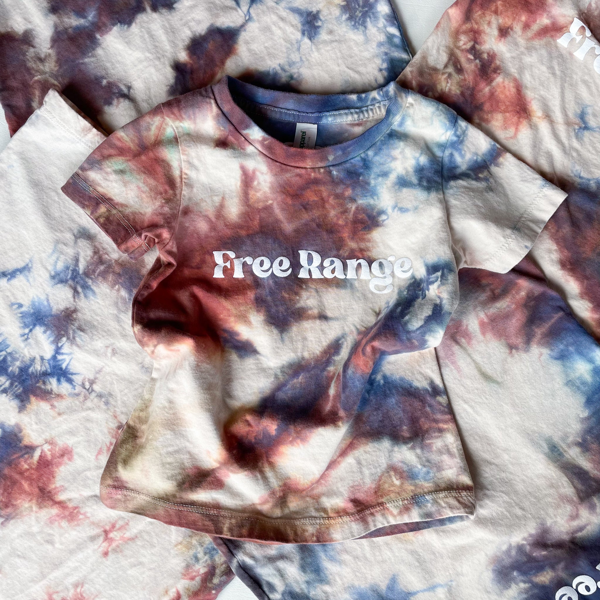 Blue Rust Tie Dye, Free Range, screen printed Organic Cotton Tee