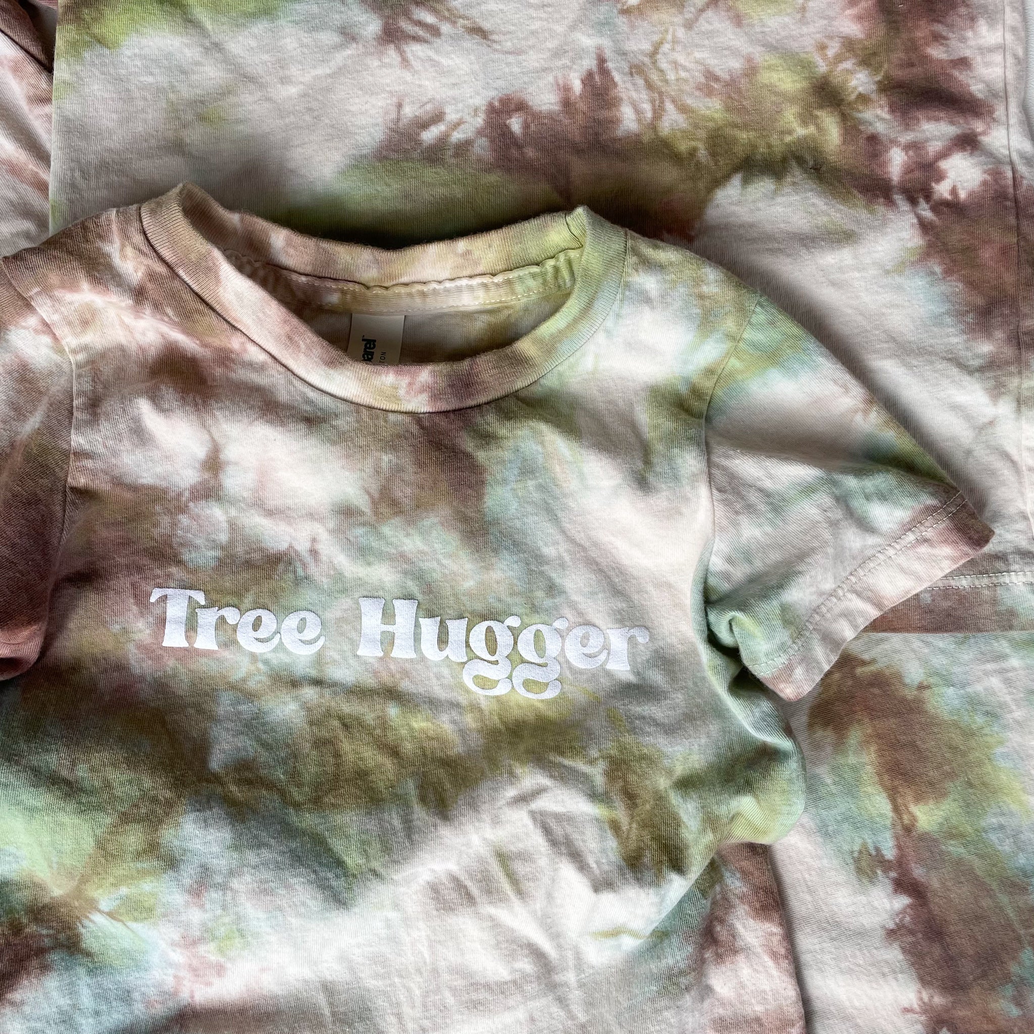 Green Brown Tie Dye, Tree Hugger, screen printed Organic Cotton Tee