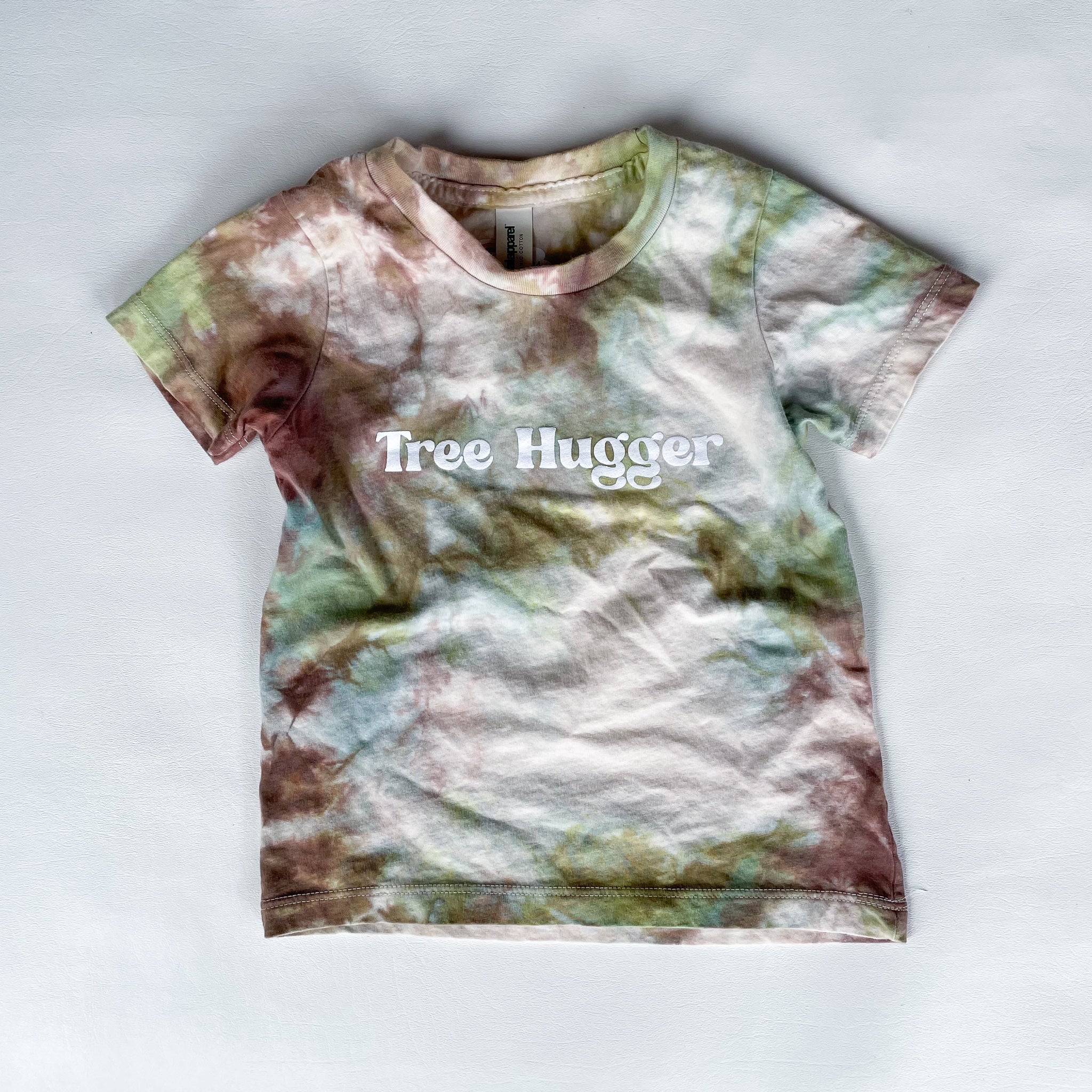 Green Brown Tie Dye, Tree Hugger, screen printed Organic Cotton Tee